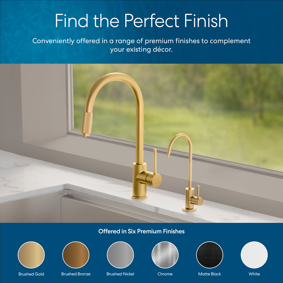 A modern kitchen sink with two sleek gold faucets by a window includes the Modern Series Water Faucet - Brushed Gold. Below, swatches display six premium finishes: brushed gold, brushed bronze, brushed nickel, chrome, matte black, and white.