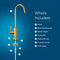 A diagram of the Modern Series Water Faucet - Brushed Gold with labeled parts: faucet, 45mm base extender, rubber washer, locking nut, two locking clips, 1/4 quick connect, and 1/4 PE tubing. Text: What’s Included—item list for your reverse osmosis faucet.