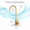 Modern Series Water Faucet - Brushed Gold, curved spout, made from lead-free stainless steel. Size: 10.36" height, 4.92" spout reach, 2.76" handle height, 1.07" base width. Features a blue wave background for a modern look.