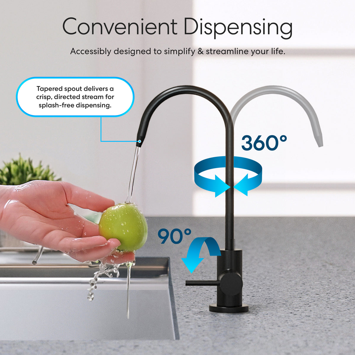 A hand washes a green apple under the Modern Series Water Faucet-Matte Black, featuring a 360° rotating spout. Blue arrows show its movement. Text highlights splash-free design, reverse osmosis compatibility, and easy dispensing.
