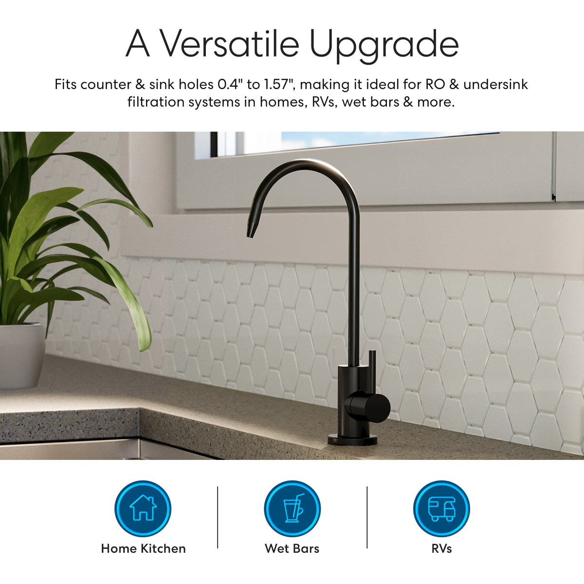 The Modern Series Water Faucet-Matte Black is shown on a speckled countertop with white hexagon tile backsplash, beside a green potted plant and window. Icons highlight use in home kitchens, wet bars, reverse osmosis setups, and RVs.