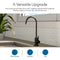 The Modern Series Water Faucet-Matte Black is shown on a speckled countertop with white hexagon tile backsplash, beside a green potted plant and window. Icons highlight use in home kitchens, wet bars, reverse osmosis setups, and RVs.