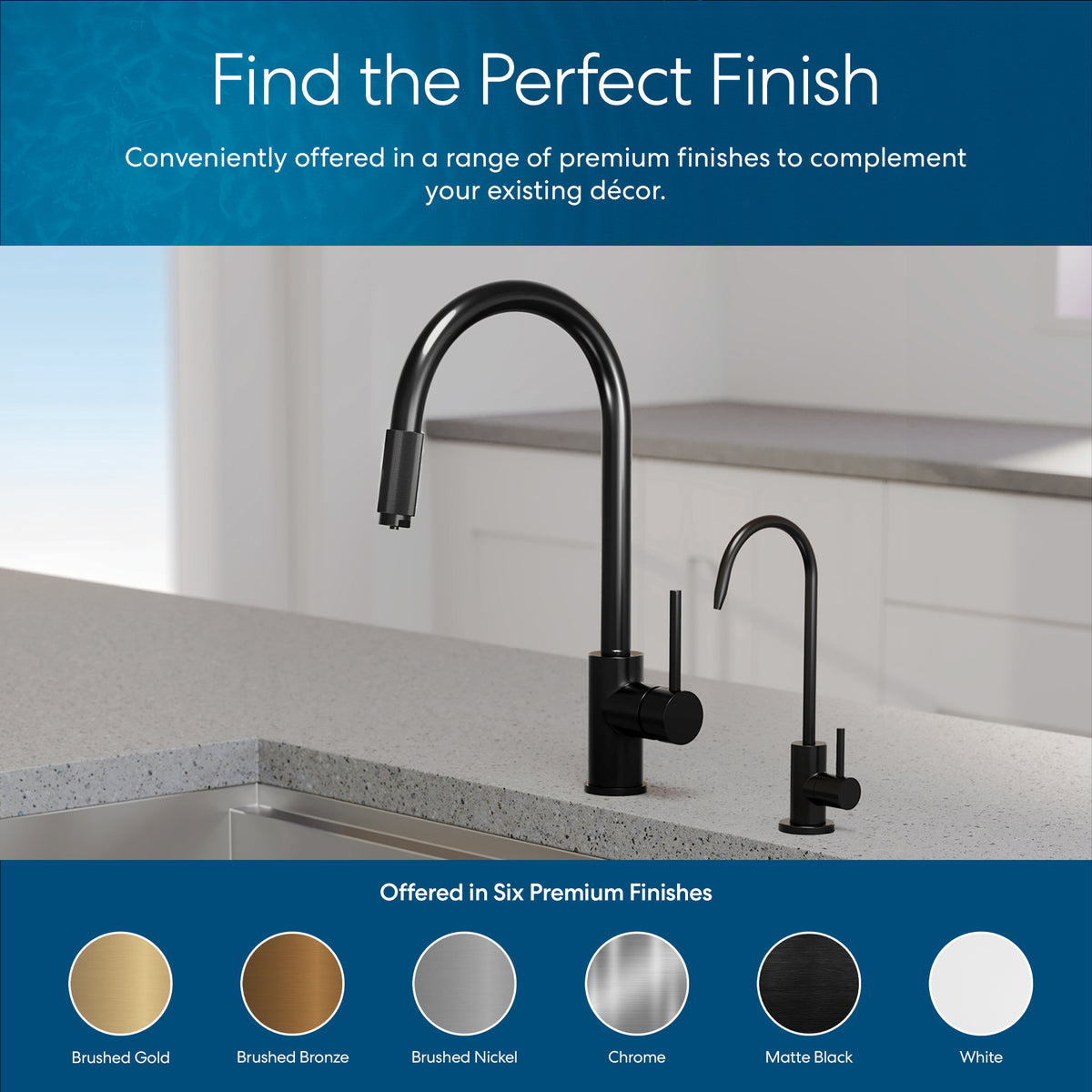 The Modern Series Water Faucet-Matte Black is a stylish kitchen sink tap. Below, six circular swatches show the available finishes: brushed gold, brushed bronze, brushed nickel, chrome, matte black, and stainless steel.