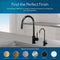 The Modern Series Water Faucet-Matte Black is a stylish kitchen sink tap. Below, six circular swatches show the available finishes: brushed gold, brushed bronze, brushed nickel, chrome, matte black, and stainless steel.