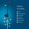 Diagram of the Modern Series Water Faucet-Matte Black with labeled parts and What's Included: faucet, 45mm base extender, rubber washer, locking nut, two locking clips, ¼" quick connect, and ¼" PE tubing. Blue background.