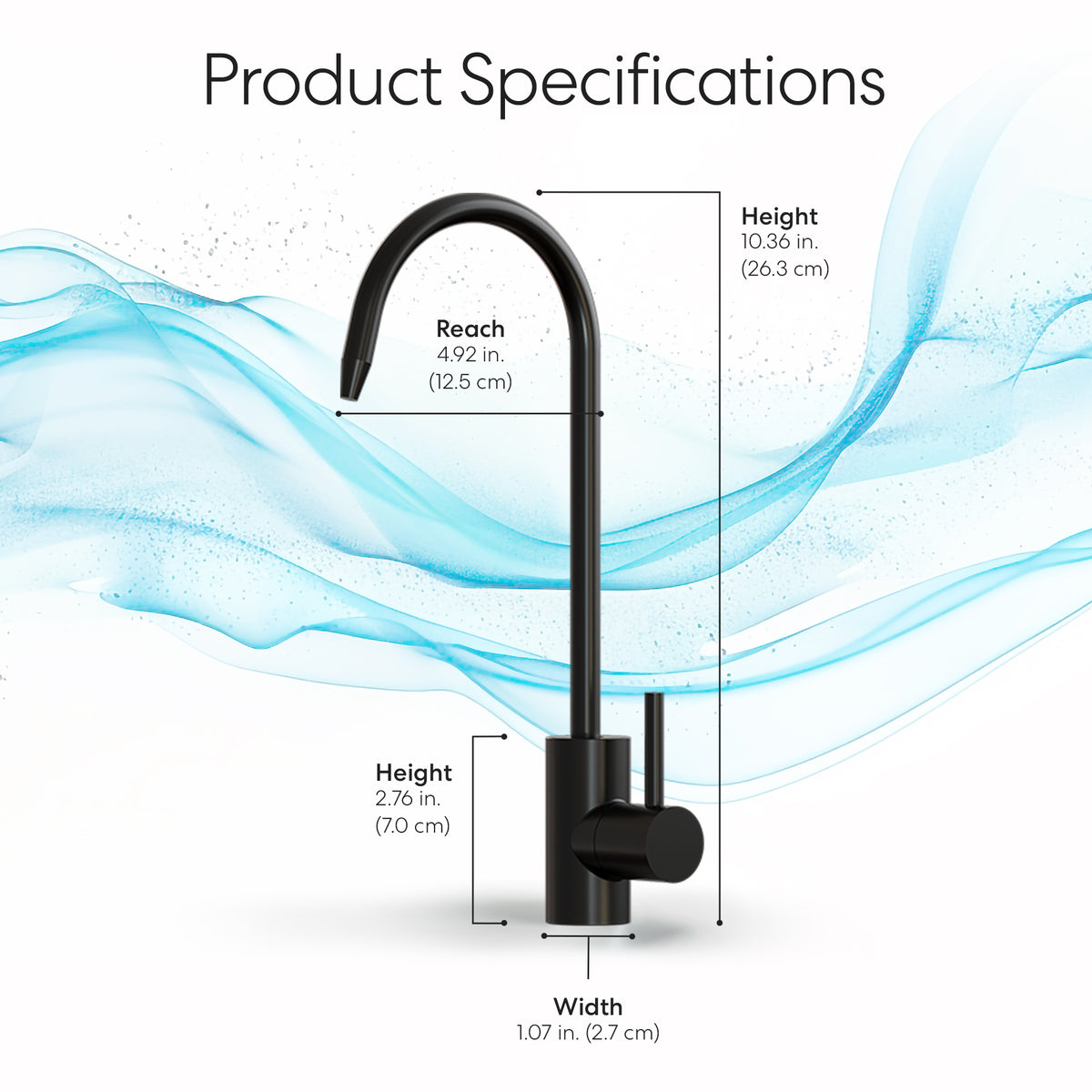 Modern Series Water Faucet-Matte Black shown on a white background with blue waves; labeled dimensions: height 10.3 in (26.3 cm), reach 4.92 in (12.5 cm), spout height 2.76 in (7.0 cm), width 1.07 in (2.7 cm).