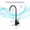 Modern Series Water Faucet-Matte Black shown on a white background with blue waves; labeled dimensions: height 10.3 in (26.3 cm), reach 4.92 in (12.5 cm), spout height 2.76 in (7.0 cm), width 1.07 in (2.7 cm).