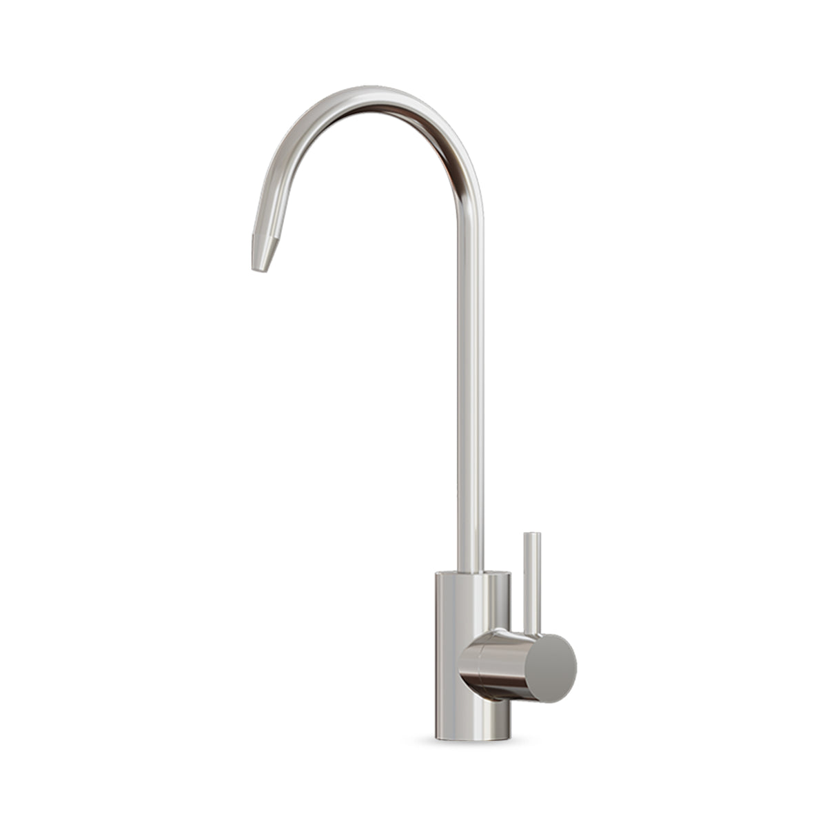 The Modern Series Water Faucet - Chrome boasts a high curved spout and right-side single lever, crafted from lead-free stainless steel, shown on a plain white background.