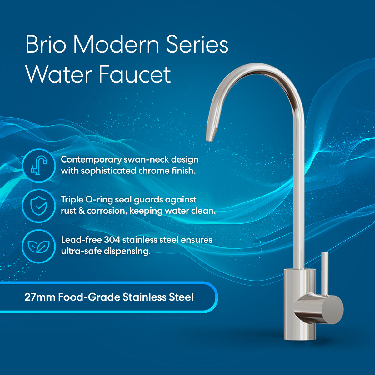 The Modern Series Water Faucet - Chrome is shown on a blue background, with icons highlighting its chrome finish, triple O-ring seal, reverse osmosis compatibility, and 27mm lead-free stainless steel build.