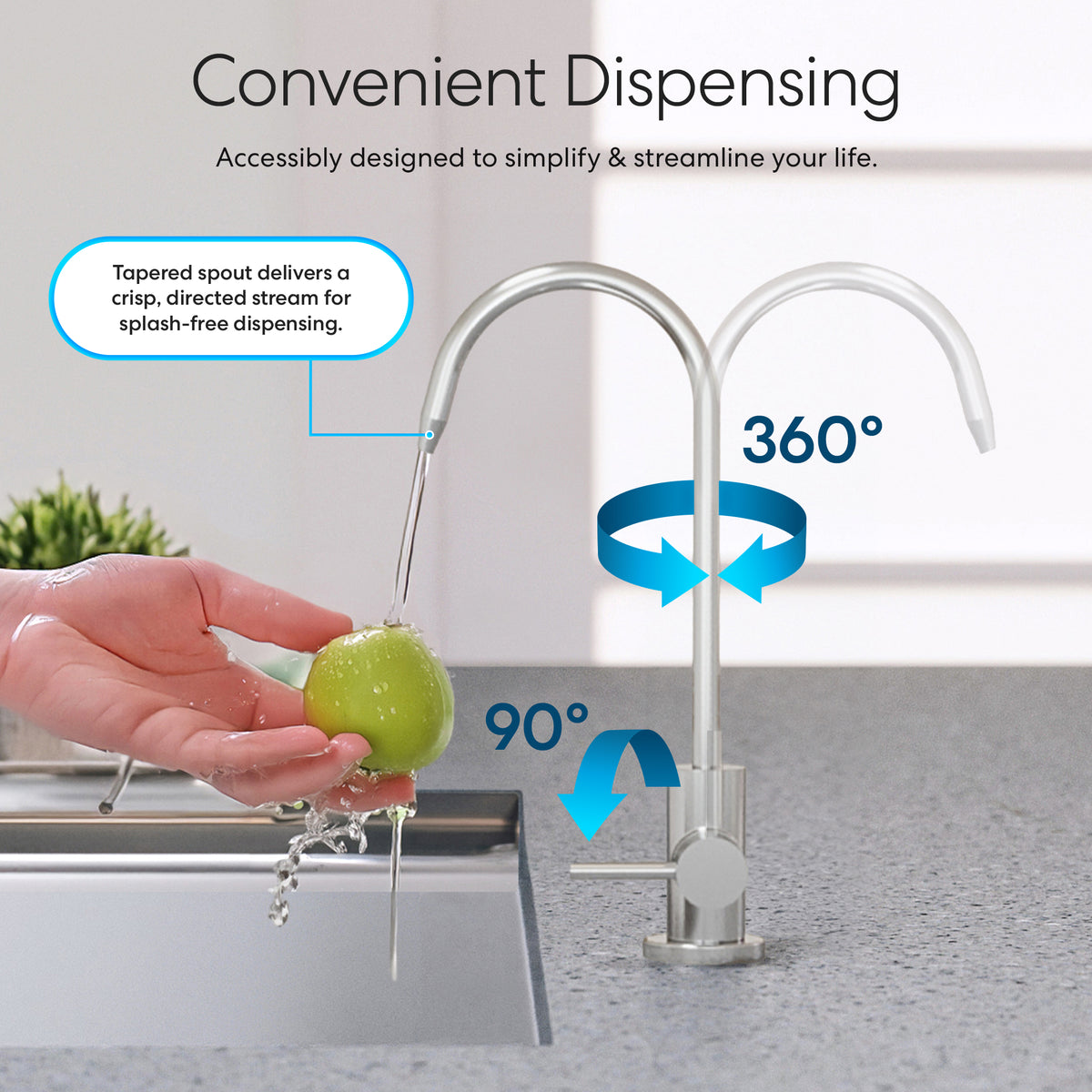 A hand rinses a green apple under the Modern Series Water Faucet - Chrome. Arrows show its lead-free stainless steel body rotates 360° horizontally and 90° vertically. Text highlights splash-free, streamlined water dispensing.