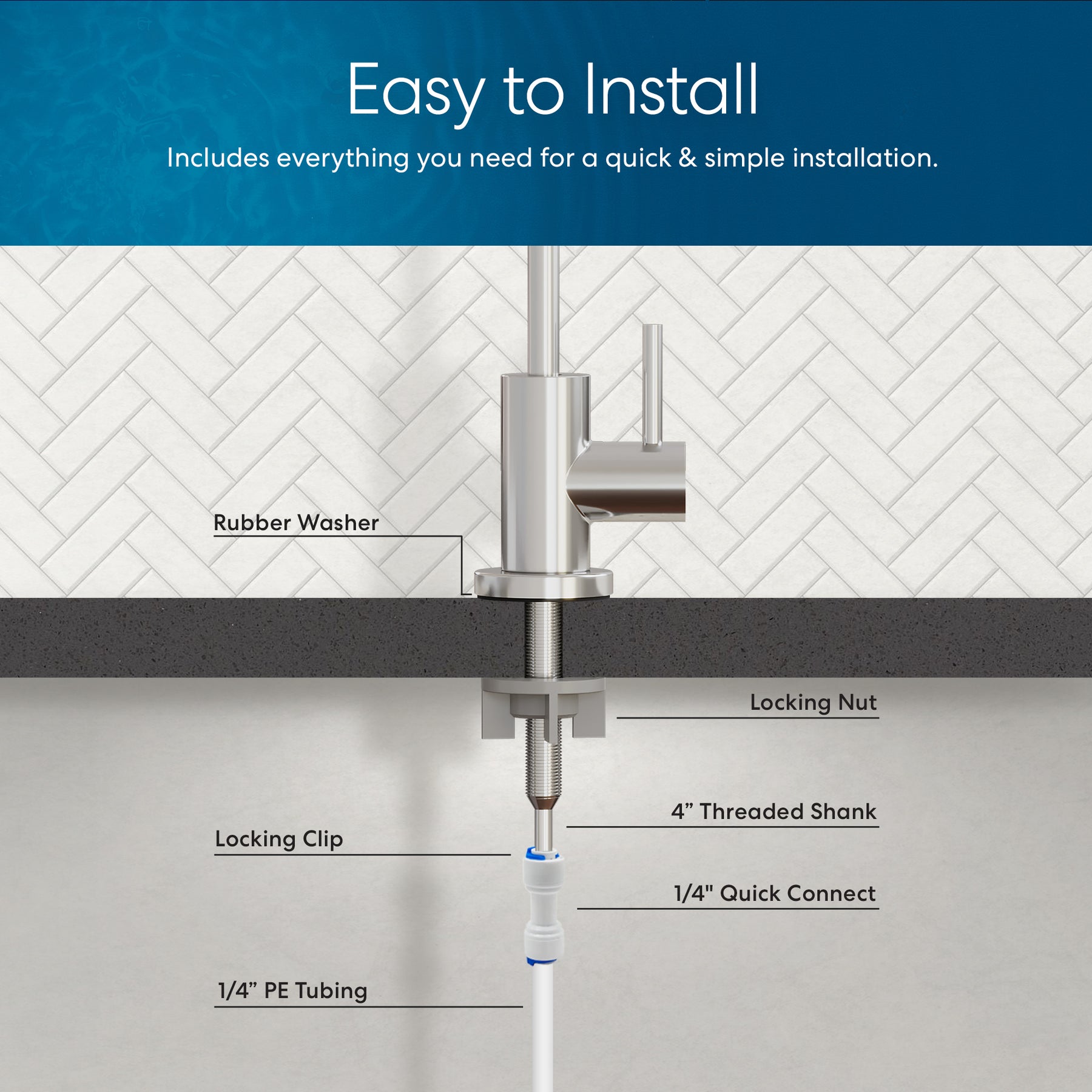 A labeled diagram shows installation of the Brio Modern Series Water Faucet - Chrome, highlighting parts: rubber washer, locking clip, locking nut, 4" threaded shank, 1/4" quick connect, and 1/4" PE tubing below counter. “Easy to Install” at top.