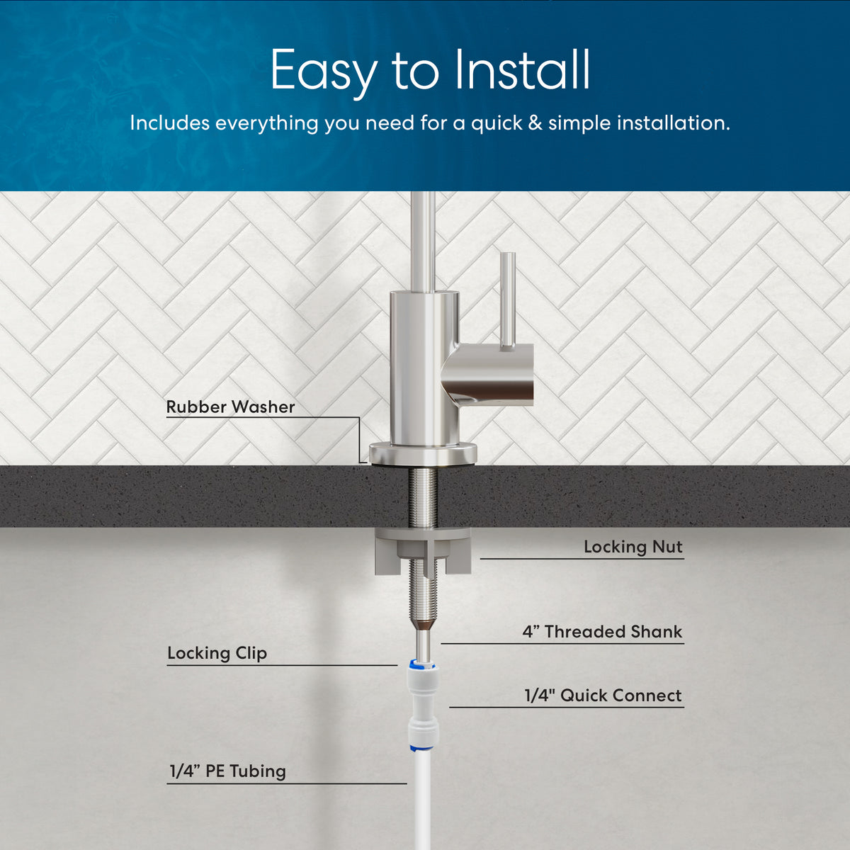 Diagram showing parts of the Modern Series Water Faucet - Chrome installation, including a lead-free stainless steel faucet, rubber washer, locking nut, 4" threaded shank, locking clip, 1/4" quick connect, and 1/4" PE tubing for easy setup.