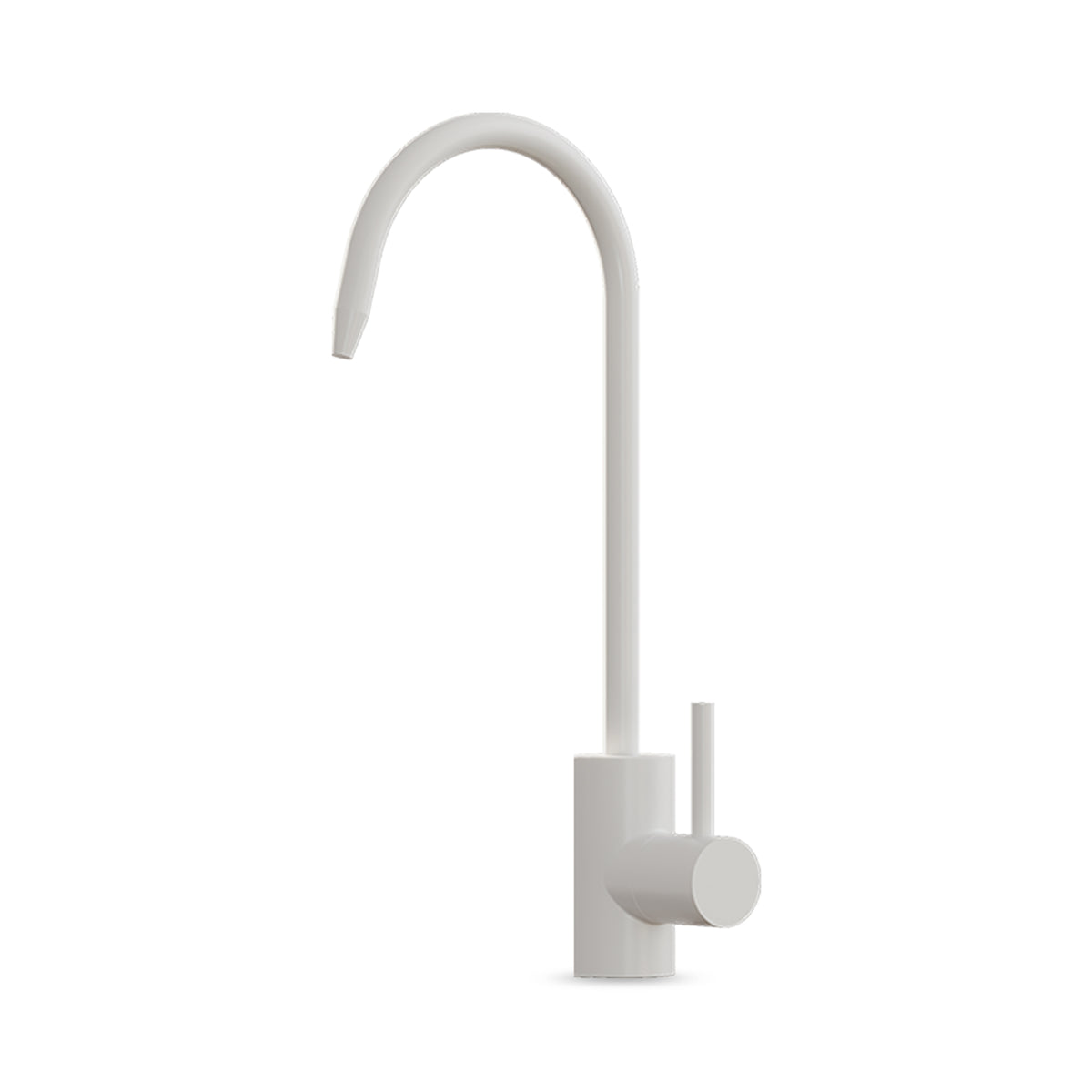 The Modern Series Water Faucet - White features a minimalist stainless steel design with a high, curved spout and a single right-side lever handle, set against a plain white background.