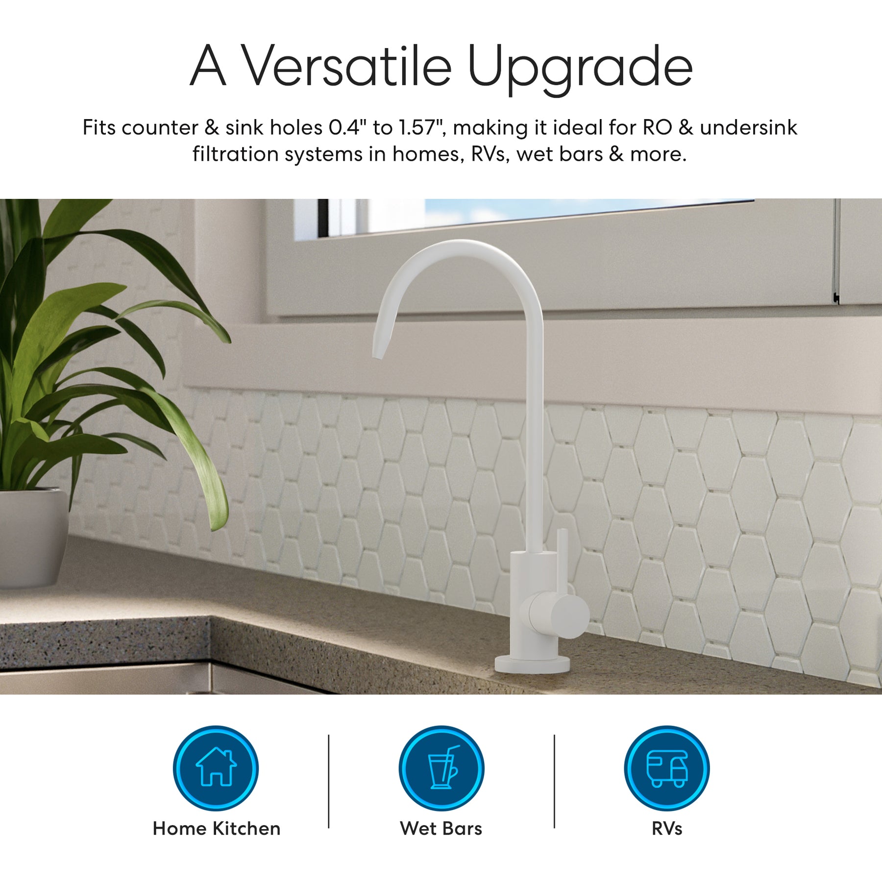 The Brio Modern Series Water Faucet – White, a lead-free stainless steel faucet with a curved spout, is installed on a kitchen countertop with hexagonal white tile backsplash and a green potted plant. It's ideal for kitchens, wet bars, and RVs.