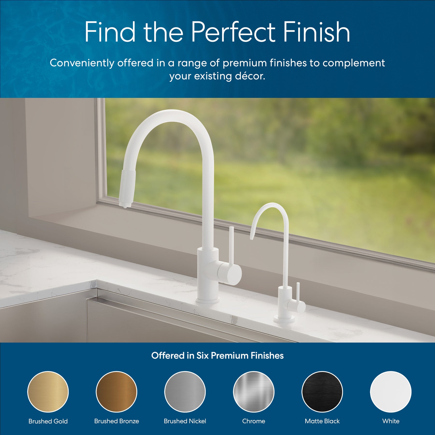 The Brio Modern Series Water Faucet – White sits by a window at a modern kitchen sink, lead-free stainless steel option available. Choose from six premium finishes: Brushed Gold, Brushed Bronze, Brushed Nickel, Chrome, Matte Black, and White.