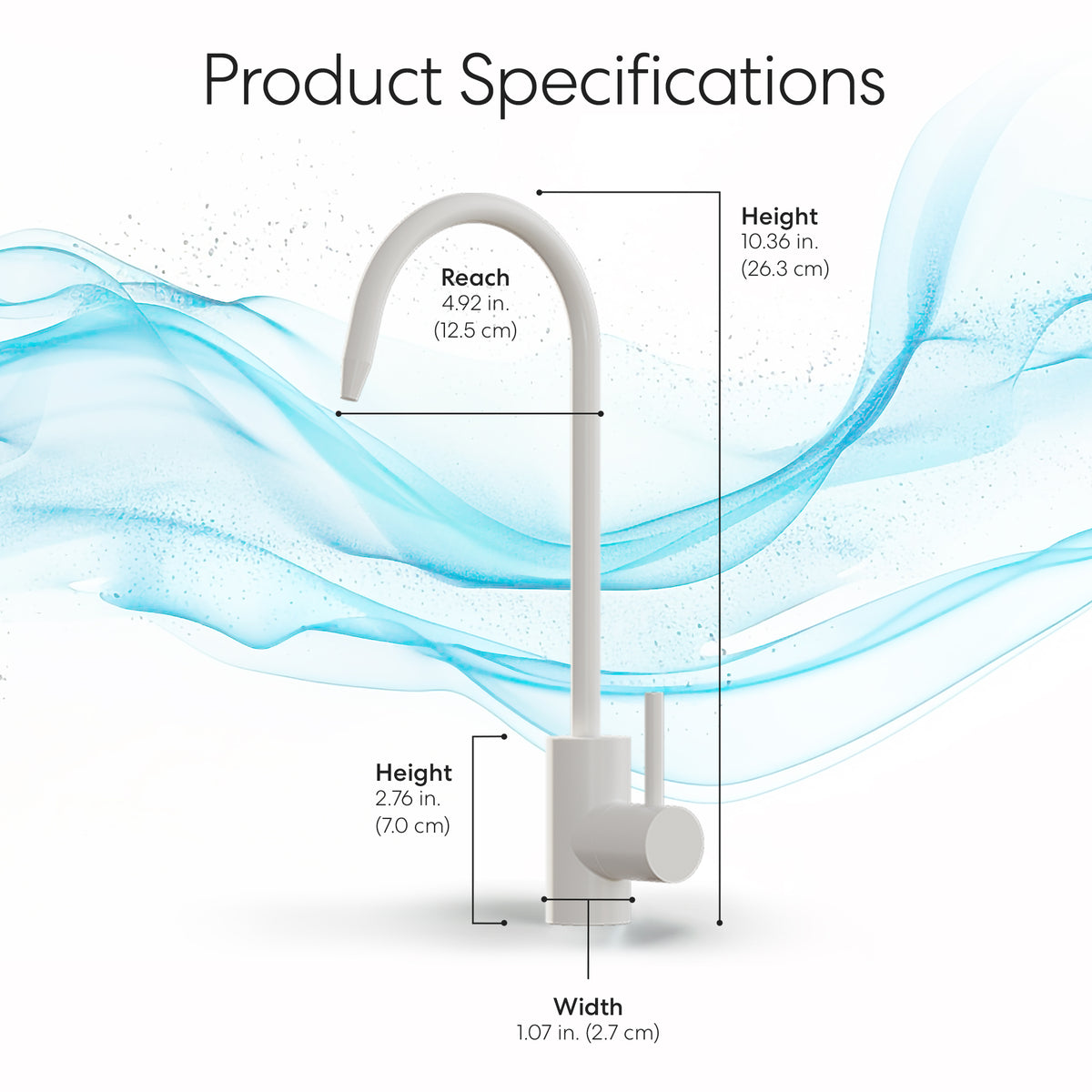 Diagram of the Modern Series Water Faucet - White with labeled dimensions: reach 4.92 in (12.5 cm), height 10.36 in (26.3 cm), spout height 2.76 in (7 cm), base width 1.07 in (2.7 cm); blue swirl background shown.