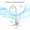 Diagram of the Modern Series Water Faucet - White with labeled dimensions: reach 4.92 in (12.5 cm), height 10.36 in (26.3 cm), spout height 2.76 in (7 cm), base width 1.07 in (2.7 cm); blue swirl background shown.