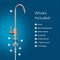 Diagram of a Modern Series Water Faucet- Brushed Nickel with labeled parts 1–7, shown beside a list of included items: faucet, 45mm base extender, rubber washer, locking nut, 2 locking clips, 1/4” quick connect, and 1/4” PE tubing.