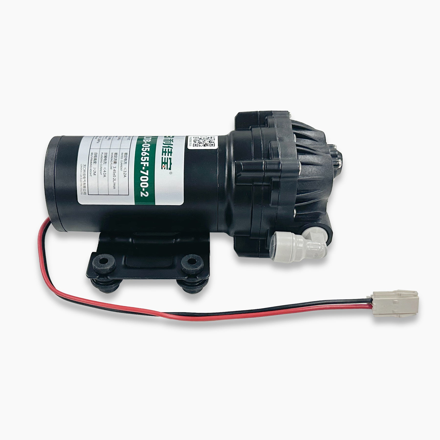 Black Diaphragm Pump for TROE 1000 & 1200 tankless units with cylindrical body, mounting base, attached wires, and white plastic fittings. Visible label on the side. Photographed against a white background.
