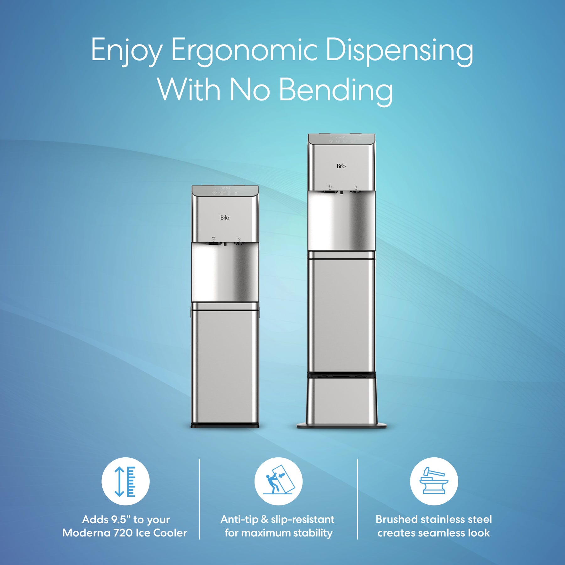 Two Brio 720 Series Ice Maker Bottled & Bottleless Water Coolers stand side by side on a blue background, showcasing ergonomic dispensing, anti-tip stability, and a seamless brushed look. Three icons below highlight advanced features.