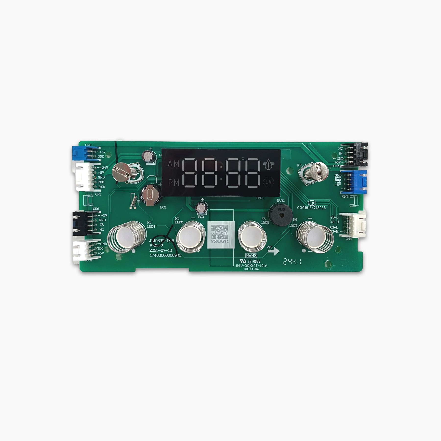 The Display Panel for Brio 520 Series Icemaker Water Cooler is a green circuit board (model CLBL520SCIC) with a digital display, buttons, dials, connectors on both sides, and AM/PM indicators on the blank display.