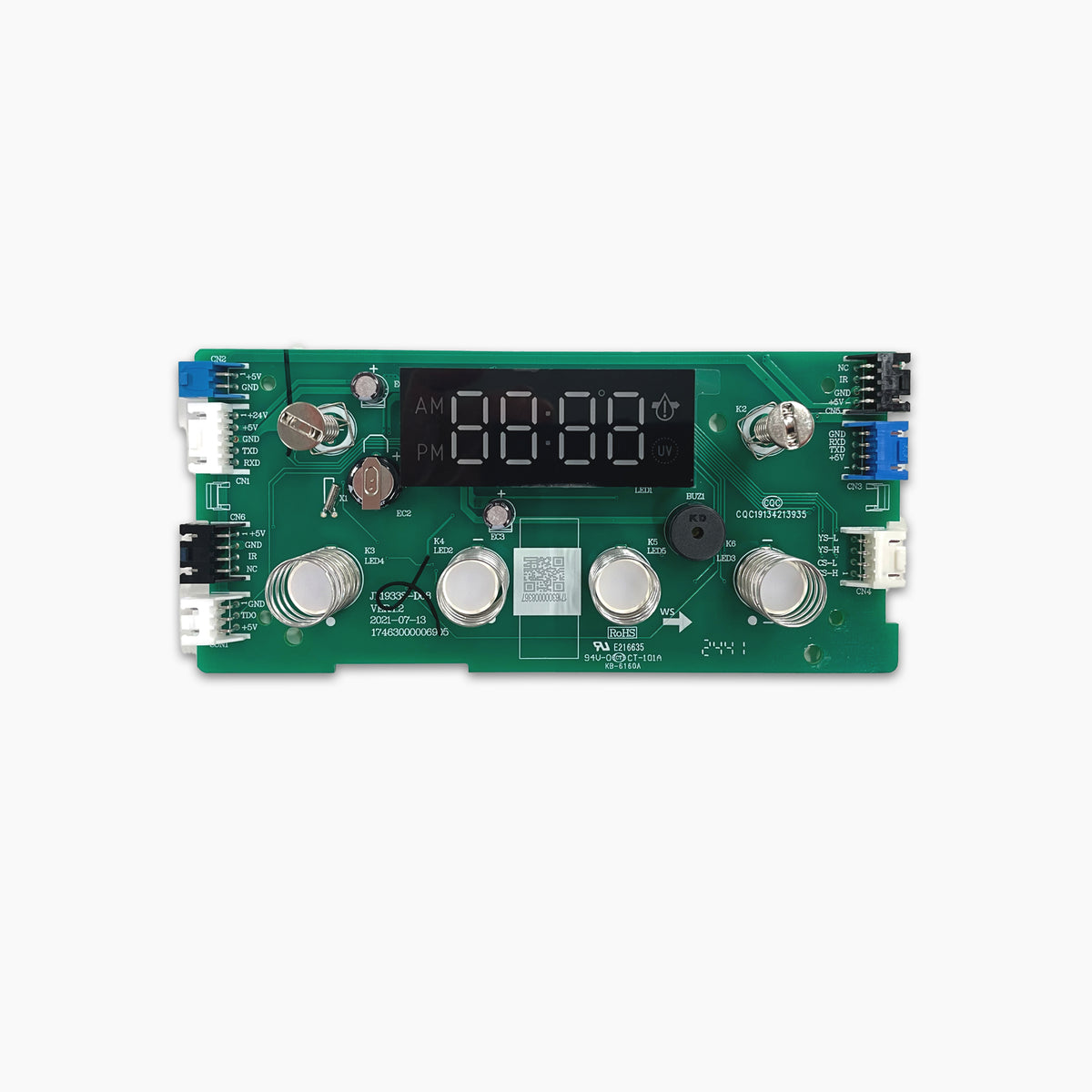 The Display Panel for Brio 520 Series Icemaker Water Cooler is a green circuit board (model CLBL520SCIC) with a digital display, buttons, dials, connectors on both sides, and AM/PM indicators on the blank display.
