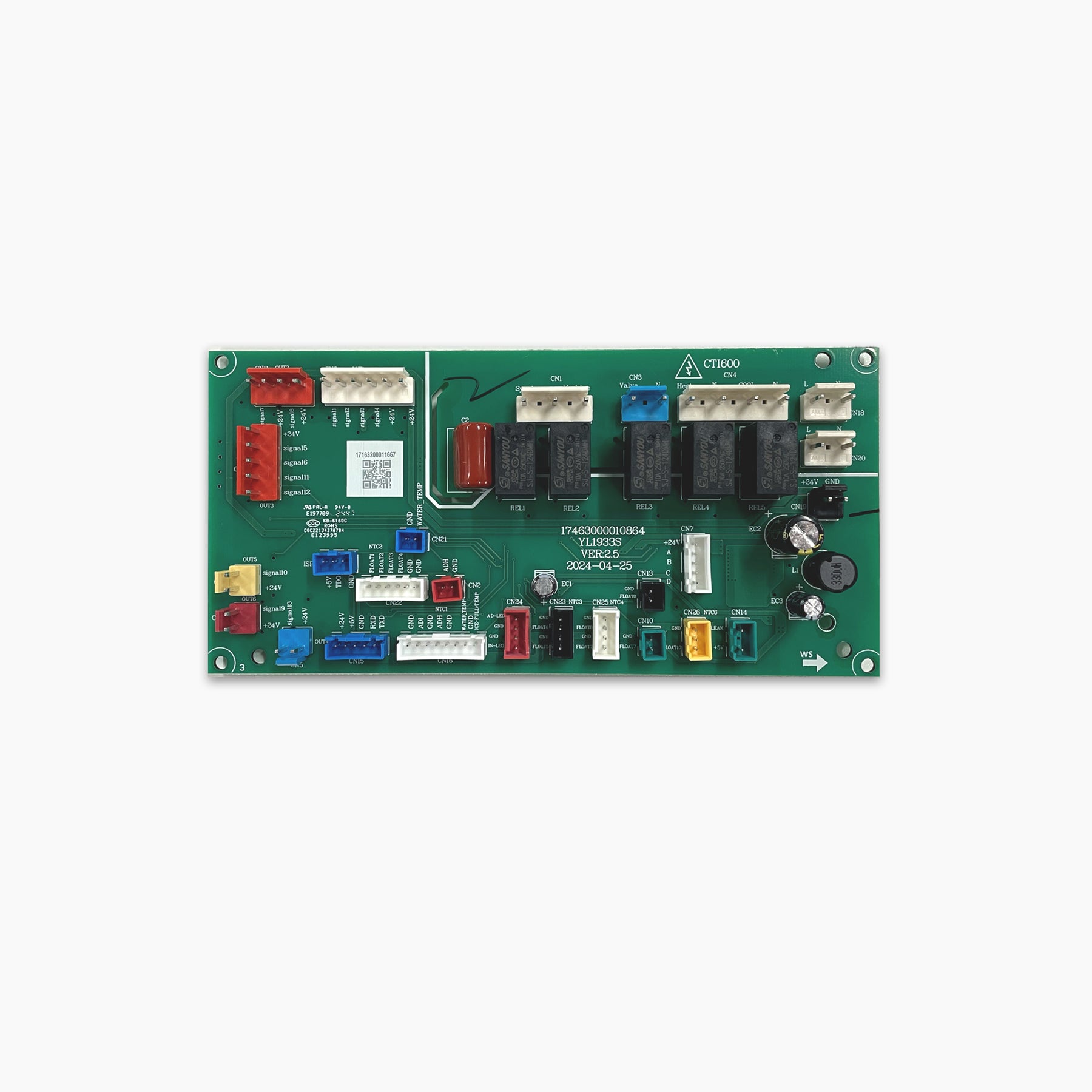 A Control Panel for Brio 320, 420, & 520 Series Icemaker Coolers with various components and connectors mounted on a green circuit board, photographed against a white background.