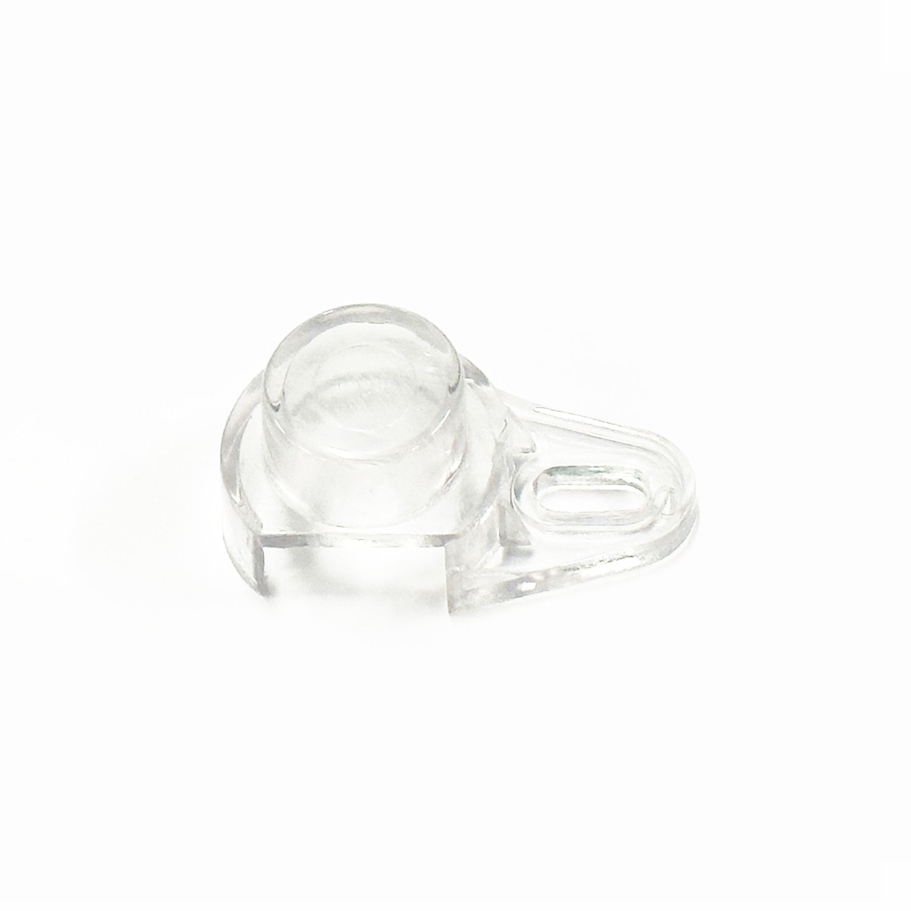 The Plastic Drain Plug Cover is a clear component with a rounded dome top and two flat arms—one with an oval slot, the other solid. Compatible as a replacement for Clover water dispensers or CLPOU water coolers. Shown on a white background.