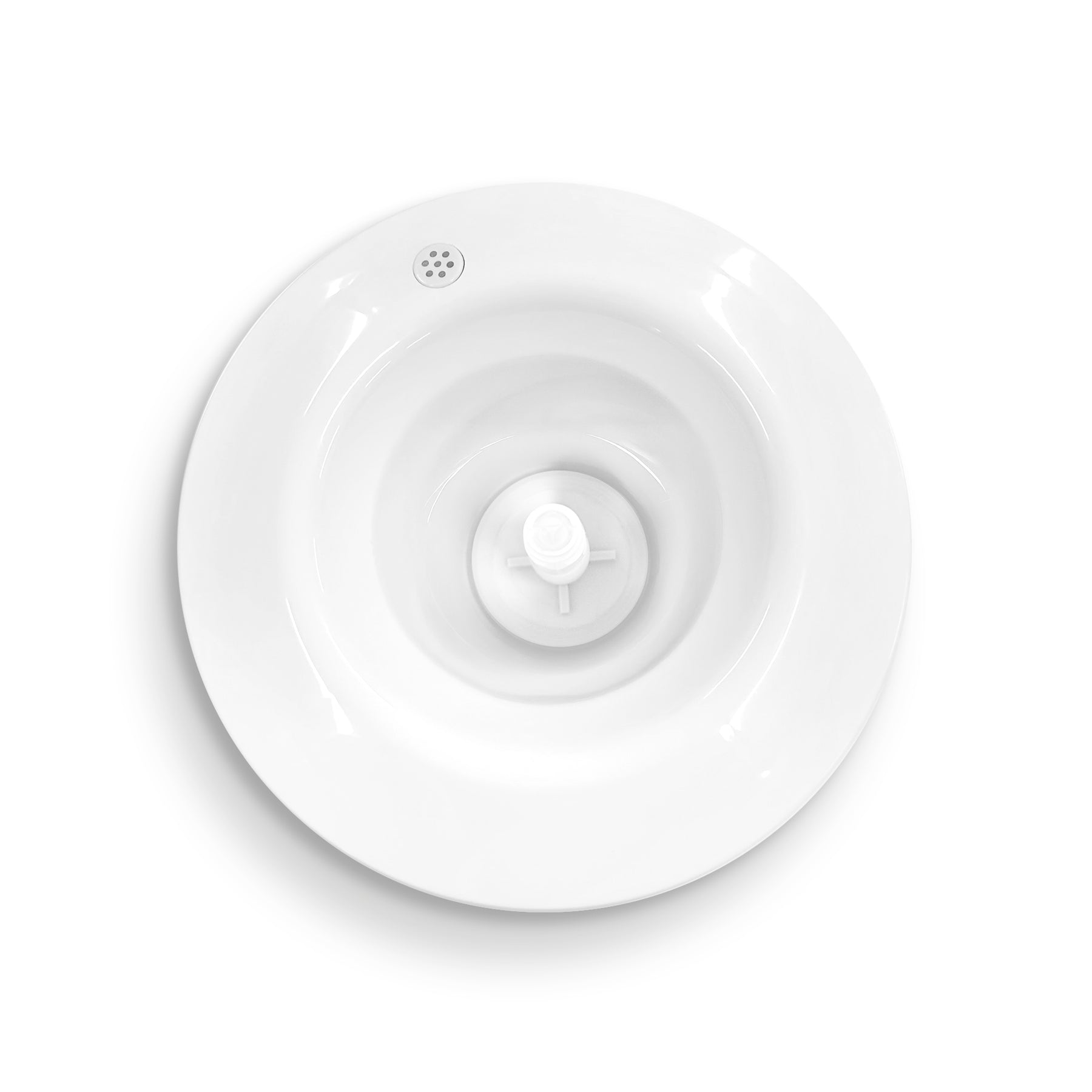 Top view of a white, circular Non-Spill Top 500CV Coolers, featuring a raised center spout and a small drainage hole near the edge; compatible with CL505CV and CL500CV.