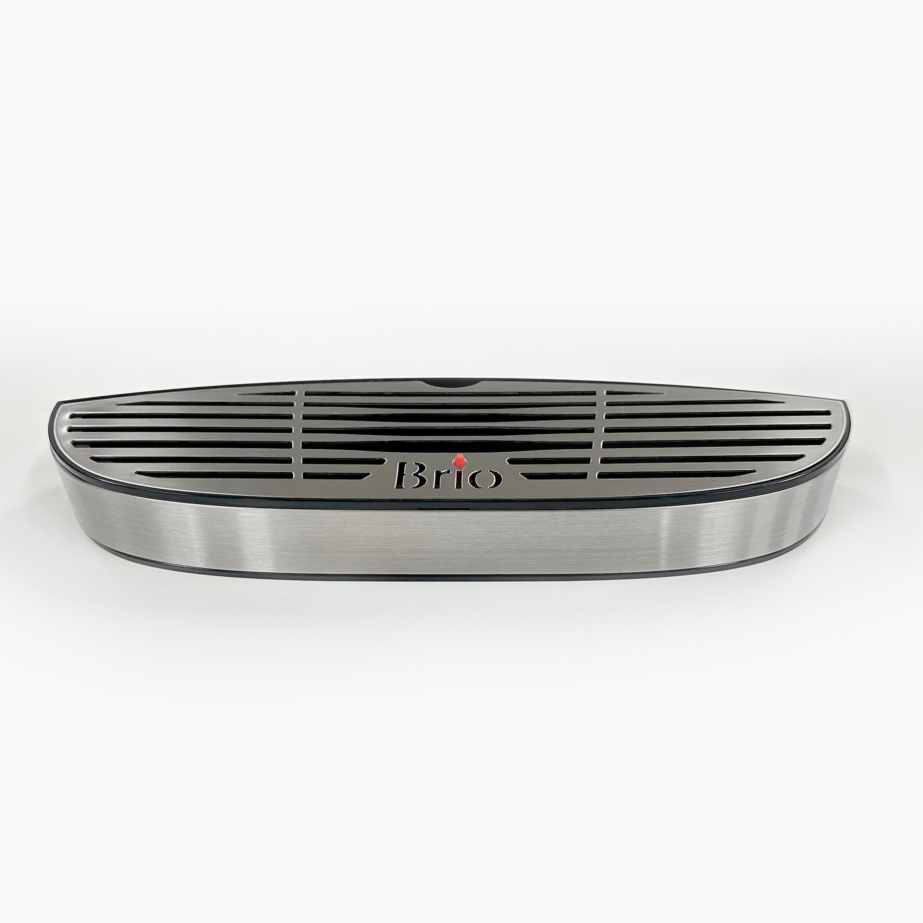 A sleek Drip Tray 720 Series Cooler accessory, made of stainless steel with a curved, rectangular design and black horizontal vents on top, shown against a white background.