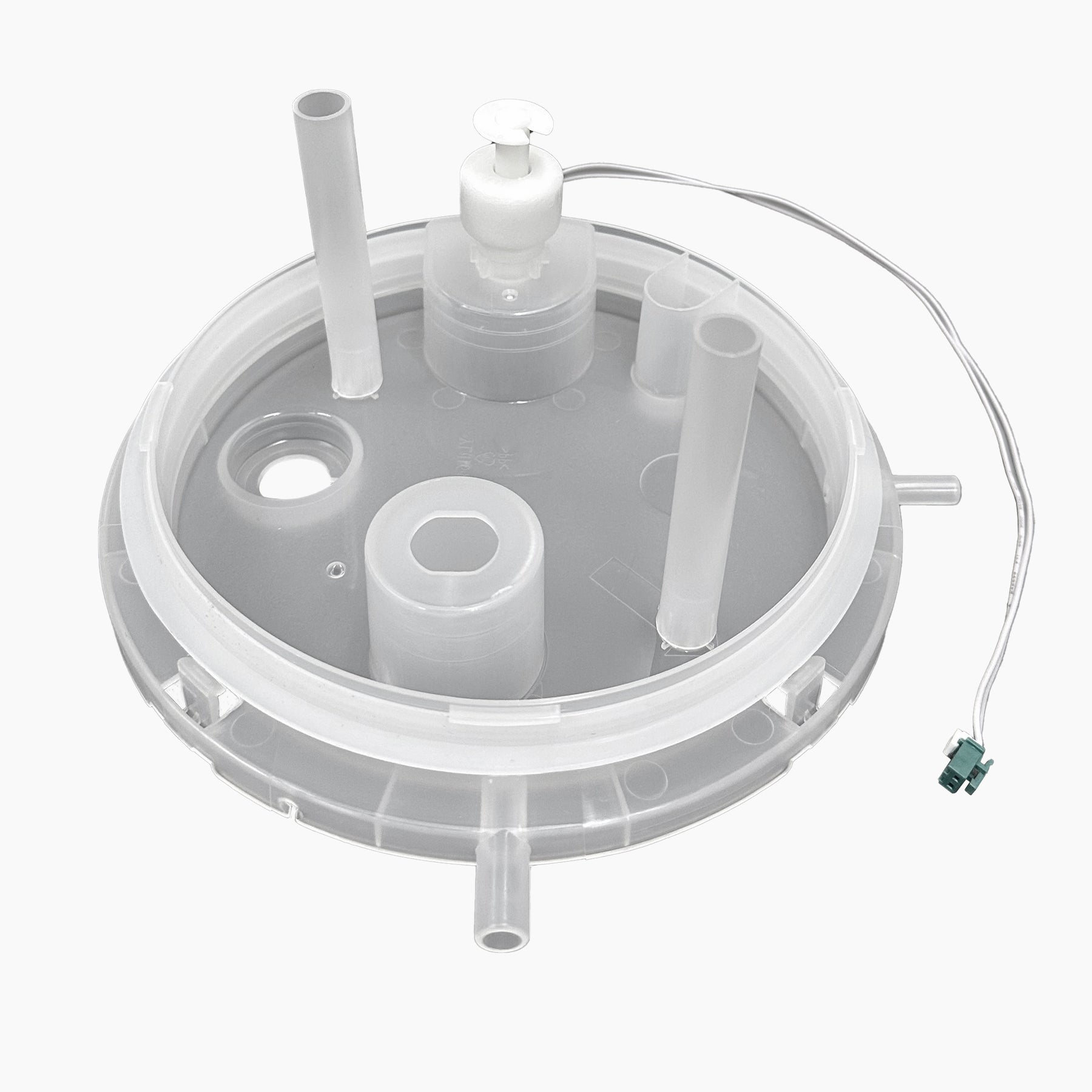 A translucent, round plastic Cold Tank Cover Float for 520UVF2 & 520UVF4 Coolers, featuring cylindrical ports, a white valve on top, and a wire with a small connector, shown against a white background.