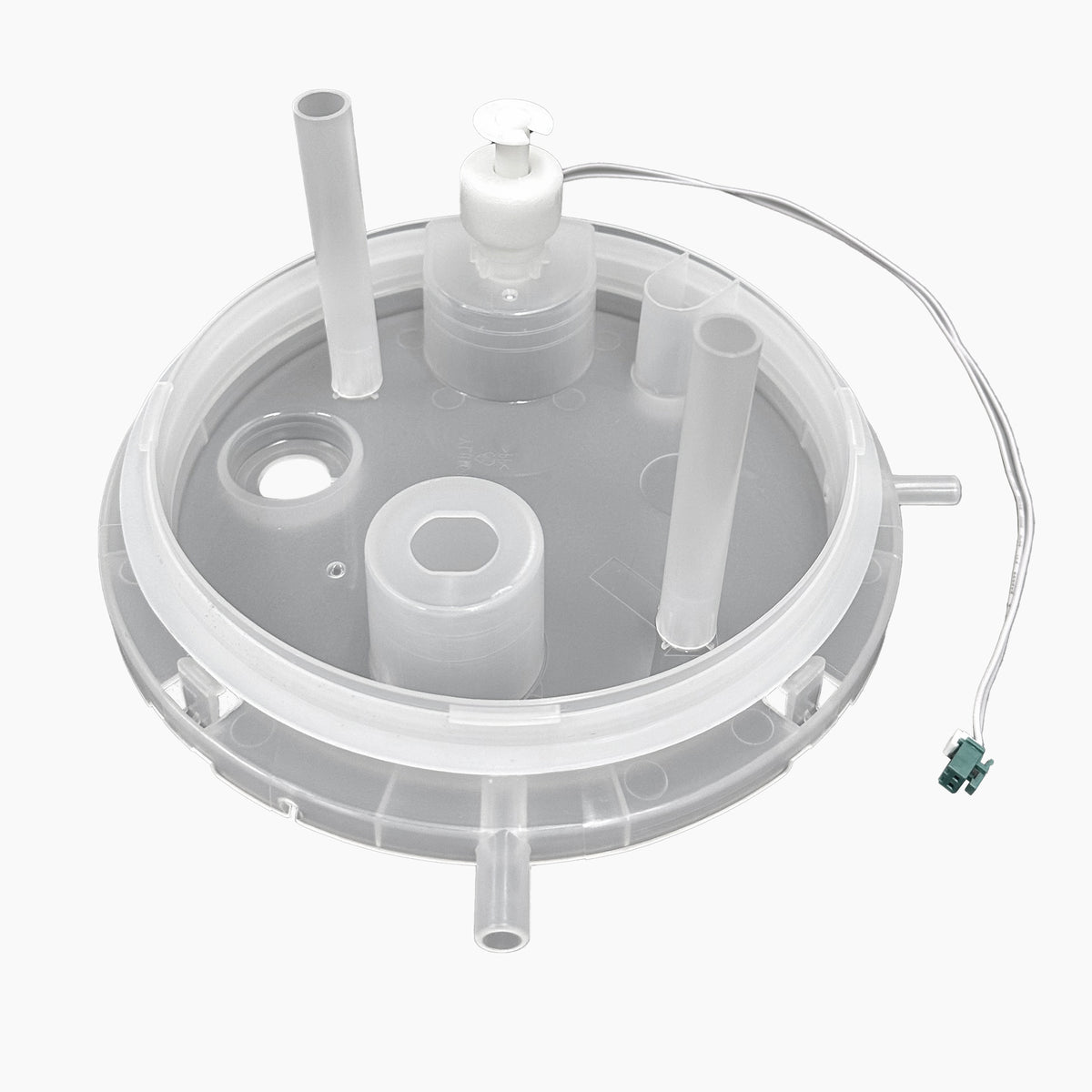 A translucent, round plastic Cold Tank Cover Float for 520UVF2 & 520UVF4 Coolers, featuring cylindrical ports, a white valve on top, and a wire with a small connector, shown against a white background.
