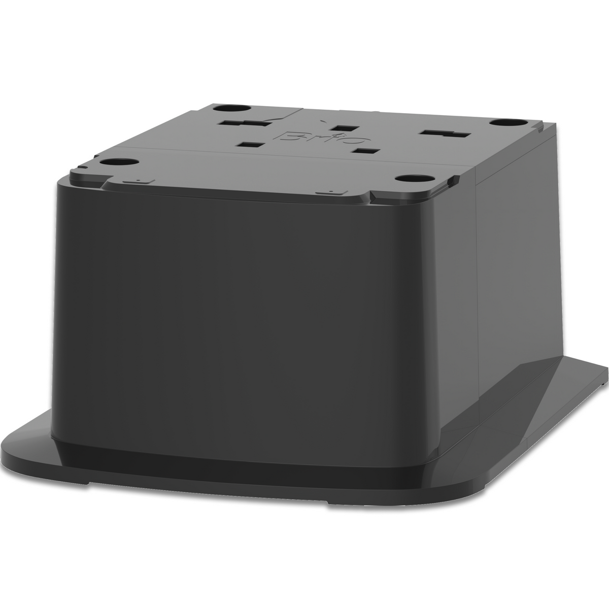 A black, rectangular plastic wall-mount base with rounded edges and top holes—perfect for the Ice Maker + Water Dispenser Cooler Base - 320 Series or as a sturdy water cooler foundation.