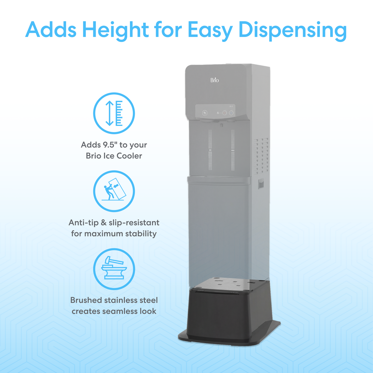 The Ice Maker + Water Dispenser Cooler Base - 320 Series includes a base that adds 9.5" height, with icons and text highlighting anti-tip, slip-resistant stability, and a seamless brushed stainless steel design.