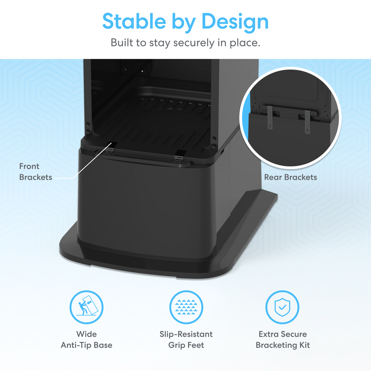 A black Ice Maker + Water Dispenser Cooler Base - 320 Series with front/rear labeled brackets, wide anti-tip base, slip-resistant grip feet, and secure bracketing kit. Text: Stable by Design. Built to stay securely in place.