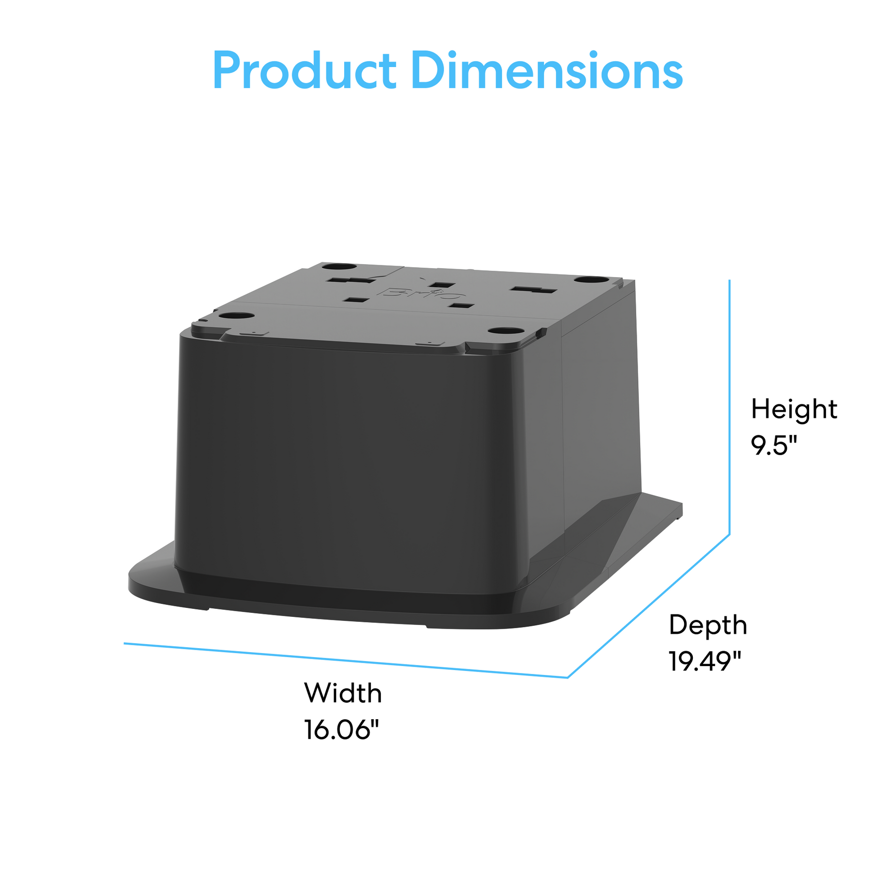 A black rectangular Ice Maker + Water Dispenser Cooler Base - 320 Series is shown with labeled dimensions: height 9.5 inches, width 16.06 inches, and depth 19.49 inches. The title "Product Dimensions" appears above in blue text.