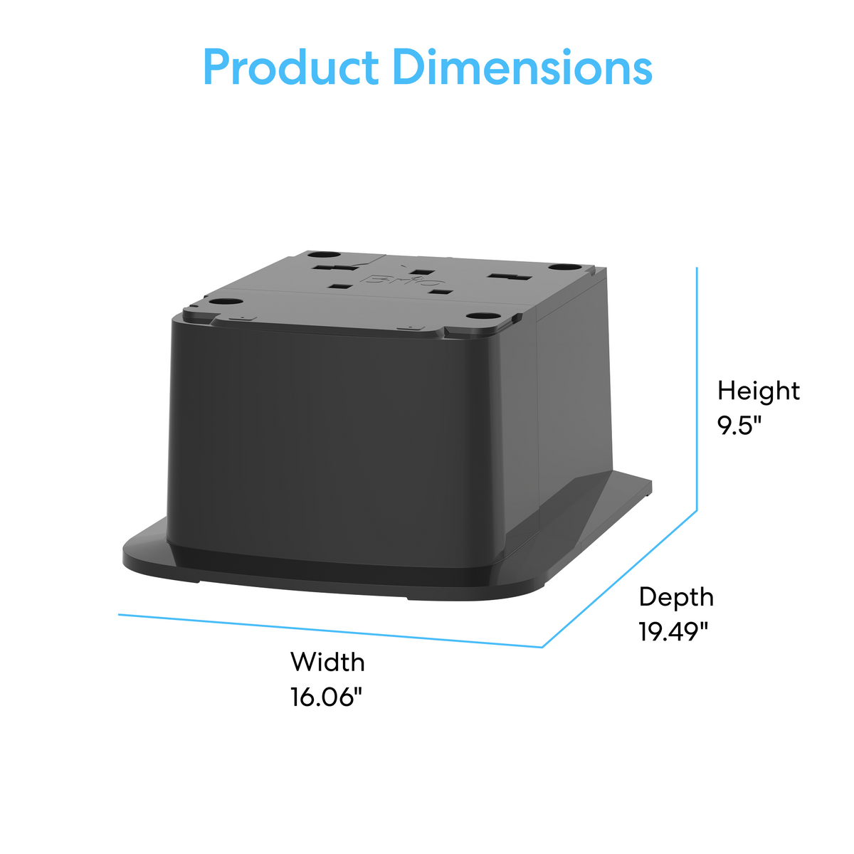 A black rectangular Ice Maker + Water Dispenser Cooler Base - 320 Series is shown with labeled dimensions: height 9.5 inches, width 16.06 inches, and depth 19.49 inches. The title "Product Dimensions" appears above in blue text.