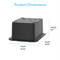 A black rectangular Ice Maker + Water Dispenser Cooler Base - 320 Series is shown with labeled dimensions: height 9.5 inches, width 16.06 inches, and depth 19.49 inches. The title "Product Dimensions" appears above in blue text.