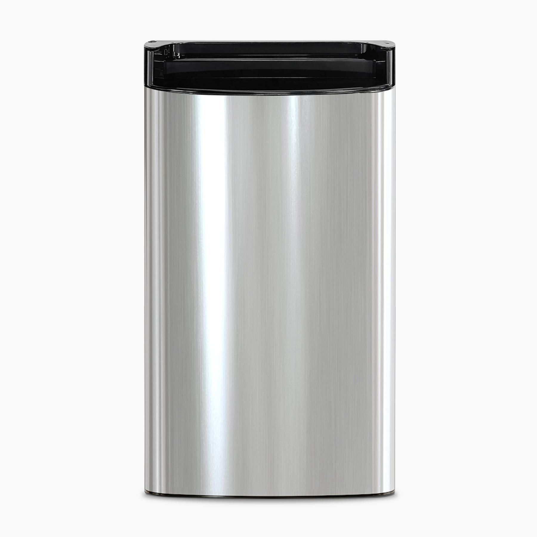 A sleek, rectangular stainless steel trash can with a black plastic lid is shown on a plain white background. Its modern, minimalist design pairs perfectly with appliances like the Door 720 Ice Cooler in contemporary spaces.