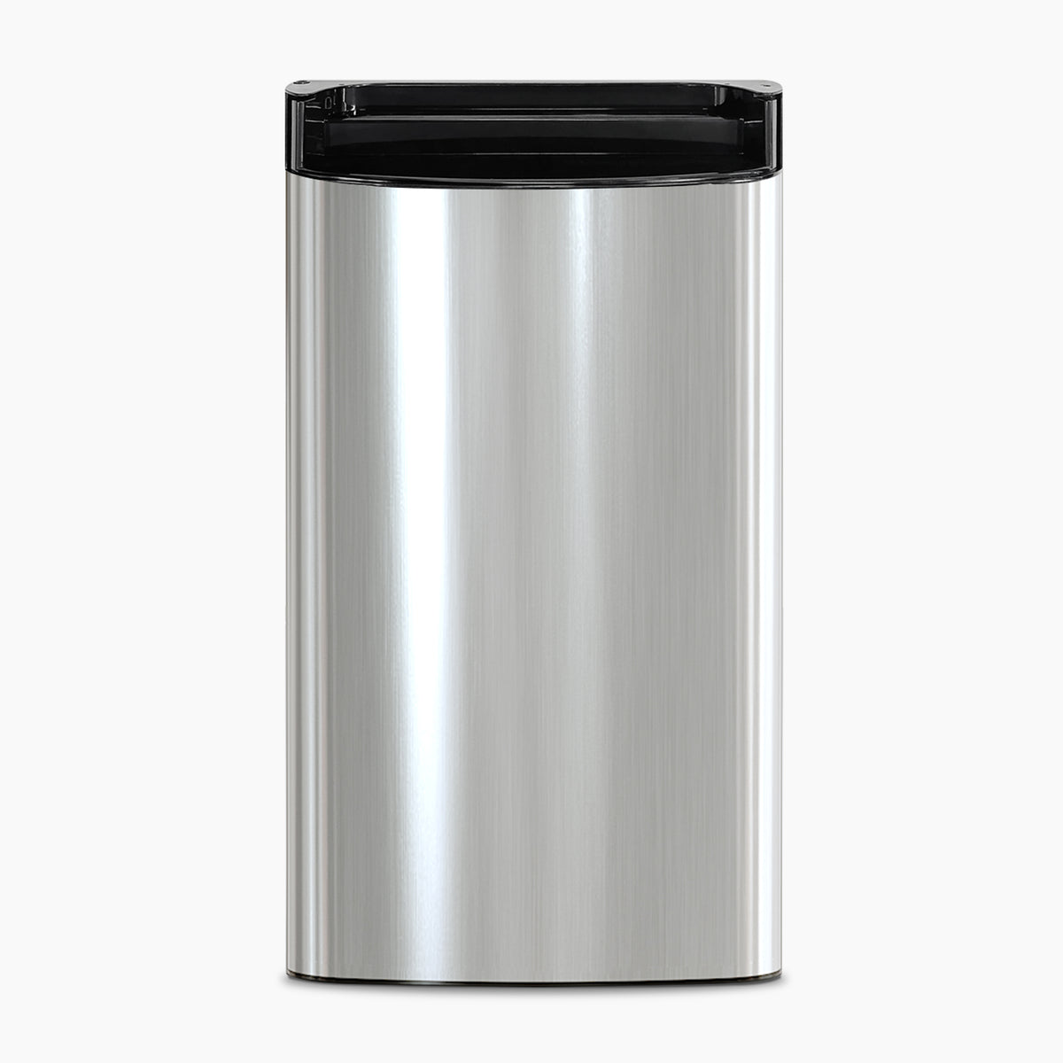 A sleek, rectangular stainless steel trash can with a black plastic lid is shown on a plain white background. Its modern, minimalist design pairs perfectly with appliances like the Door 720 Ice Cooler in contemporary spaces.