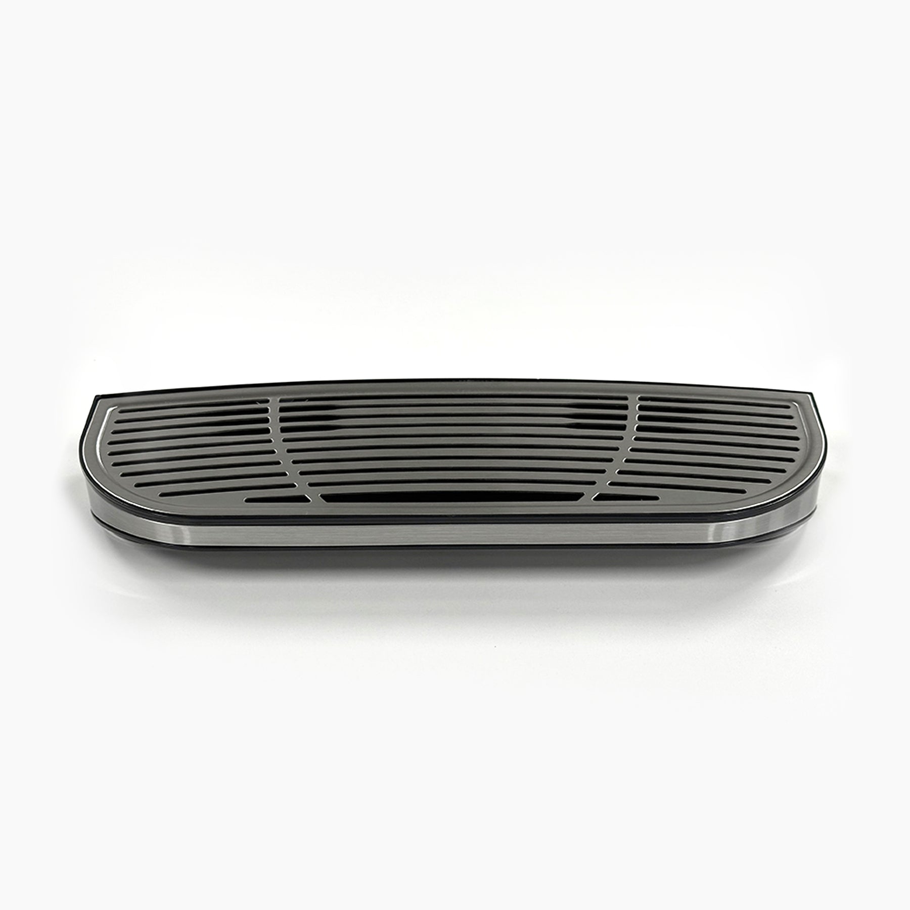 The Drip Tray with Cover 730 Coffee Coolers (Main), model CLBL730SCCF, is a sleek black and silver wall-mounted shelf with a slotted drainage design, shown against a white background.