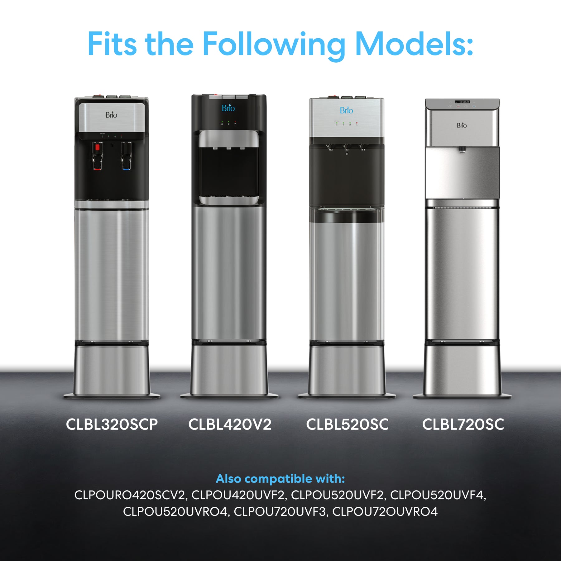 Four stainless steel Beko water dispensers—CLBL320SCP, CLBL420V2, CLBL520SC, and CLBL720SC—are shown side by side, each designed to fit securely on a Water Cooler Base from the 300, 400, 500, or 700 Series. Model numbers are listed below.