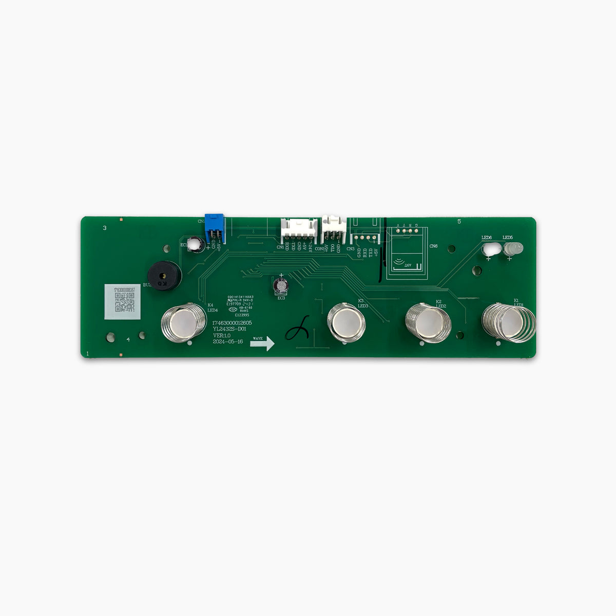 A Display Panel for Brio 320 & 420 Series Icemaker Coolers featuring a green circuit board with silver cylinders, a blue switch, black speaker, connectors, and printed circuitry is shown on a white background.