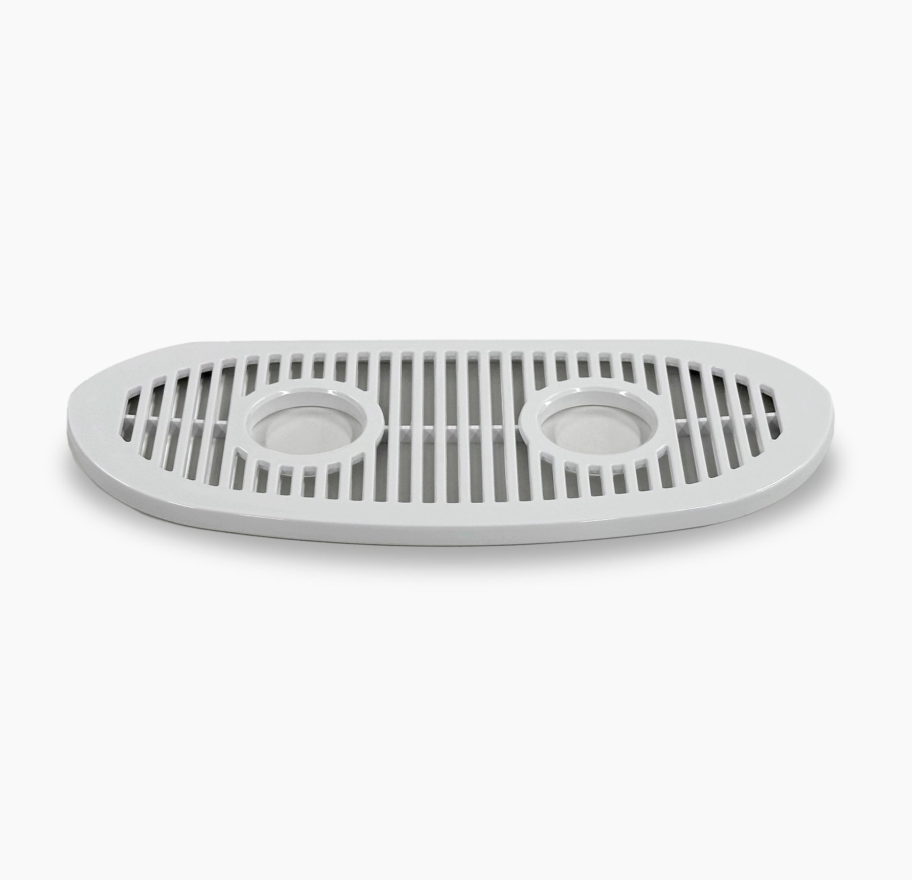 White oval plastic Drip Tray Cover for 505CV Coolers, featuring vertical slats and two round drainage holes. Compatible with other CL505CV parts and ideal as a CL505CV accessory. Shown on a plain white background.