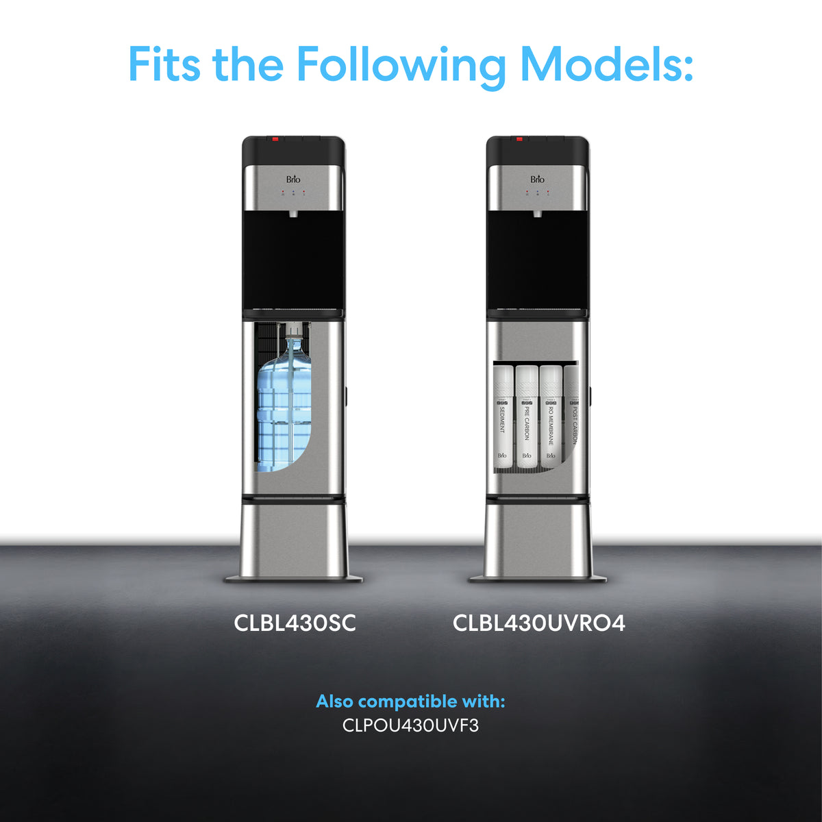 Image of two water coolers with visible parts, labeled CLBL430SC (left) and CLBL430UVRO4 (right), plus text: Compatible with these and CLPOU430UVF3. Fits Brio 430 Series Models—perfect Water Cooler Base for any stand.