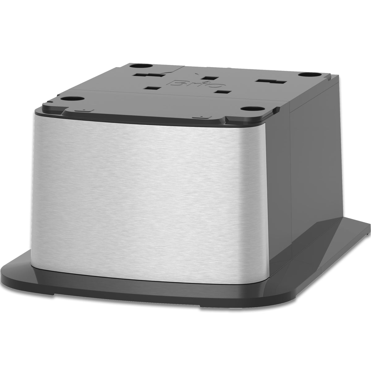 A modern, metallic square unit with multiple top plug sockets and brushed silver sides, mounted on a black base inspired by the Cooler Base For 420 & 520 Series Icemaker Dispensers for sleek functionality.