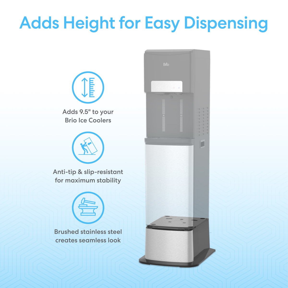 The Cooler Base For 420 & 520 Series Icemaker Dispensers is a tall, brushed stainless steel base that adds 9.5" of height for easier dispensing. It features anti-tip, slip-resistant stability, and a seamless design for a sleek look.
