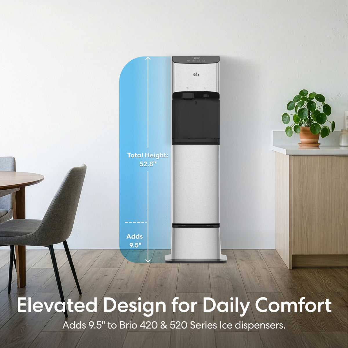 A Cooler Base for 420 & 520 Series Icemaker Dispensers stands by a table and plant, showing it adds 9.5" in height for a total of 52.8". Text: Elevated Design for Daily Comfort.