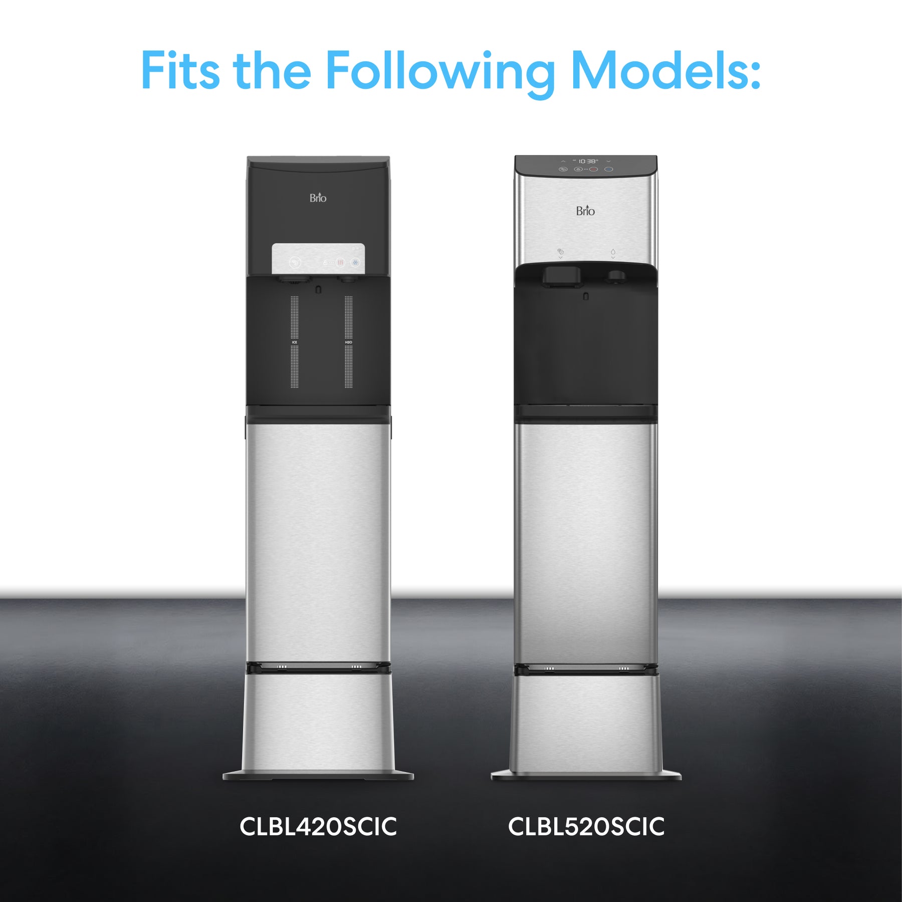 Two stainless steel 420 & 520 Series Icemaker Dispensers are shown side by side under "Fits the Following Models:"—perfect for use with the Cooler Base For 420 & 520 Series Icemaker Dispensers.