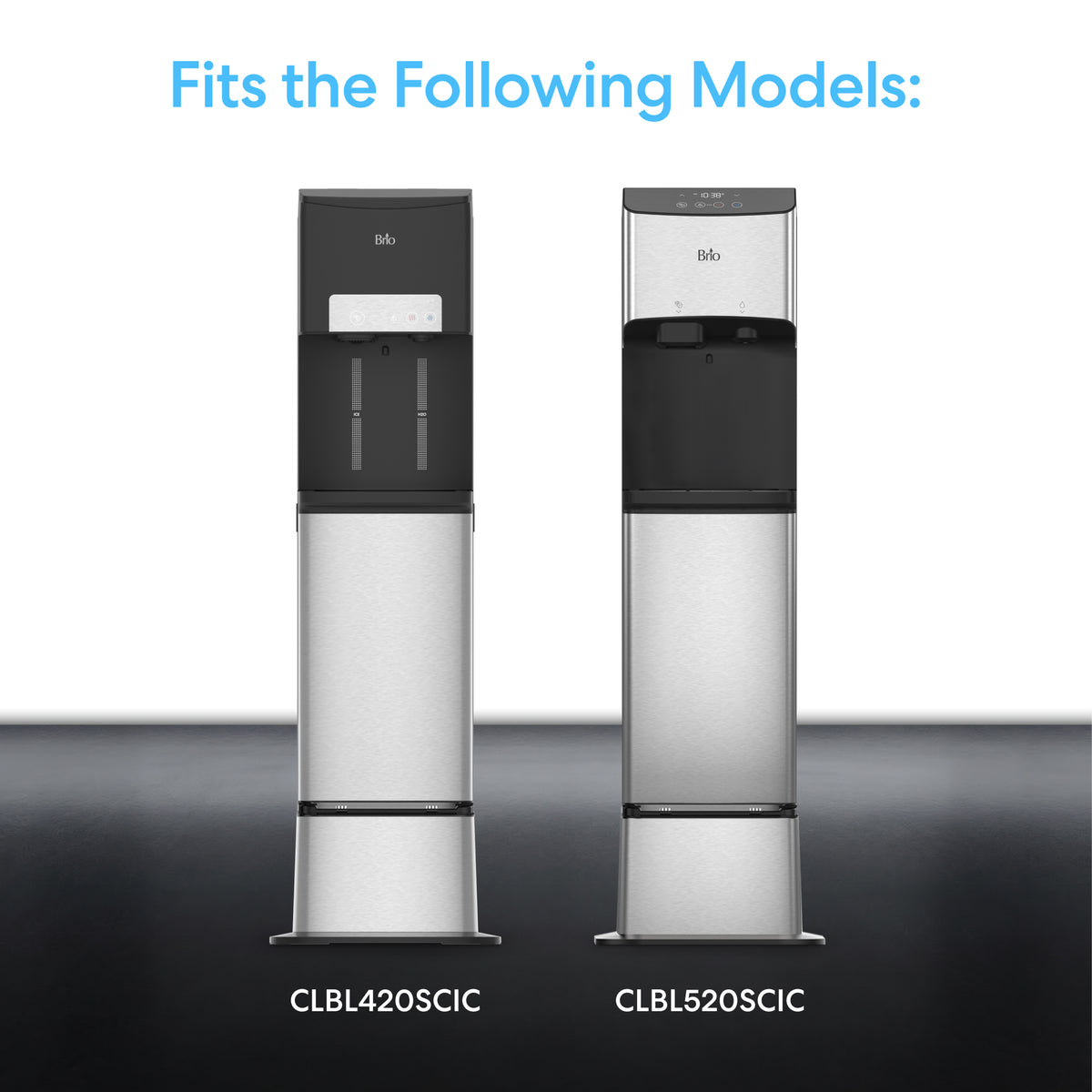 Two stainless steel 420 & 520 Series Icemaker Dispensers are shown side by side under "Fits the Following Models:"—perfect for use with the Cooler Base For 420 & 520 Series Icemaker Dispensers.